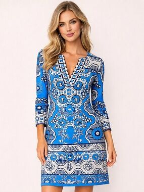 Hale Bob Amaia Blue Medallion Print Lined Jersey Dress Size Small